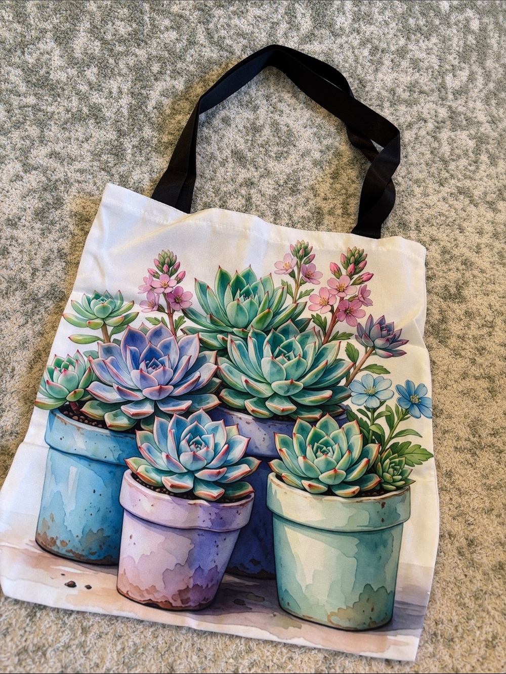 Pastel Potted Succulents Cactus Poly Tote Bag NWT 14x15.25”
